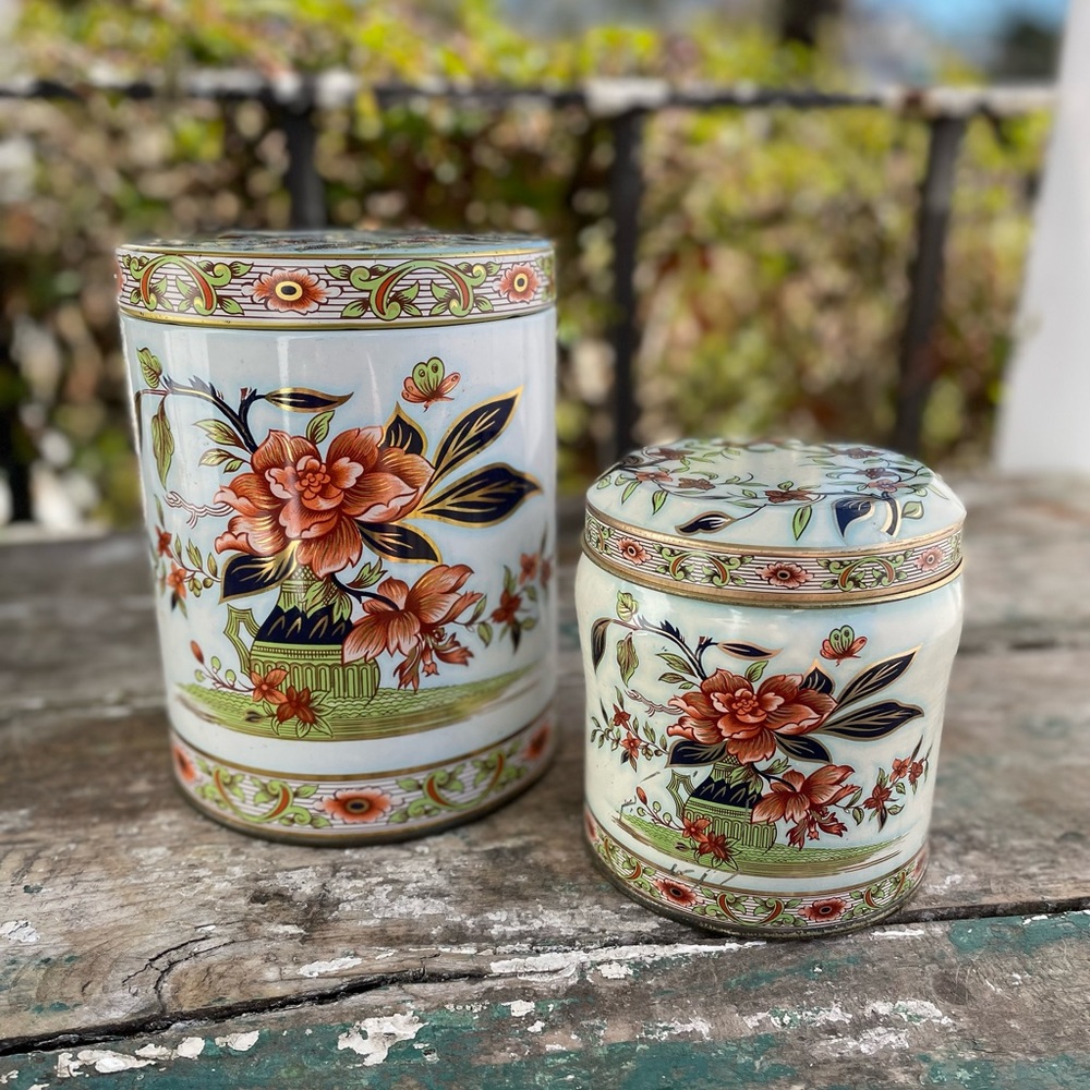 Vintage metal container tins set floral England